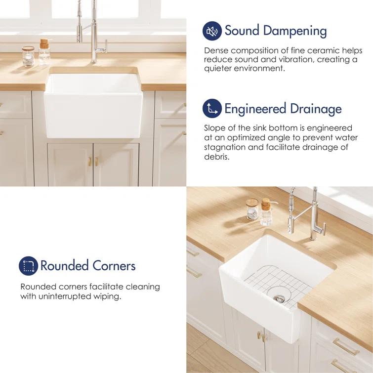 Denbigh 21" L x 16" W Farmhouse Apron-Front Kitchen Sink with Sink Grid and Pop-Up Drain, Laundry Sink