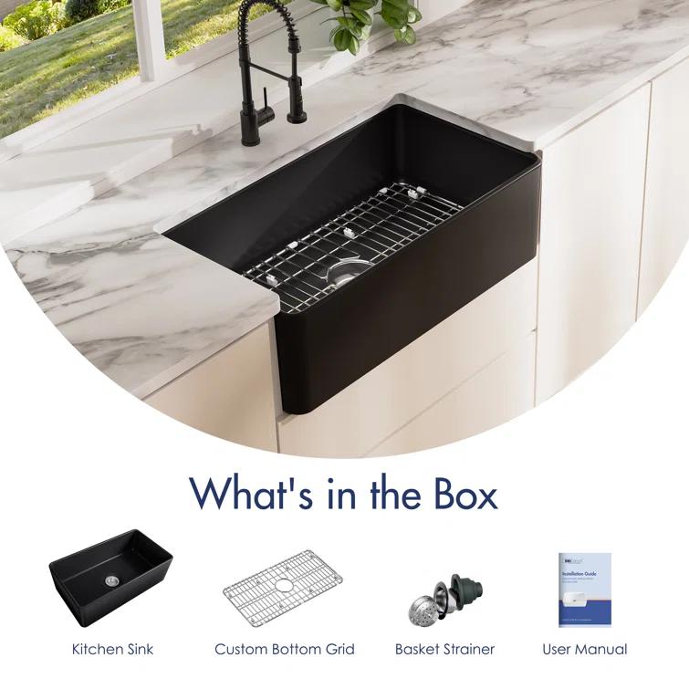33" L x 20" W Fireclay Farmhouse Kitchen Sink with Sink Grid and Basket Strainer
