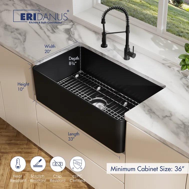 33" L x 20" W Fireclay Farmhouse Kitchen Sink with Sink Grid and Basket Strainer