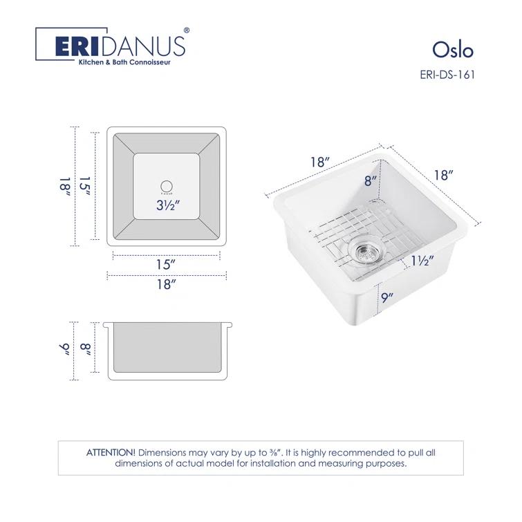 Oslo 18" W Square Dual Mount (Undermount/Drop-in) Bar/Prep Kitchen Sink