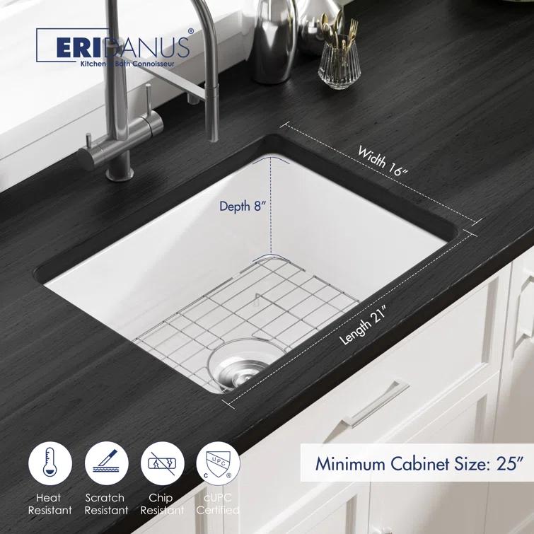 Oslo White Single Bowl Fireclay Undermount Kitchen Sink with Basket Strainer and Bottom Grid