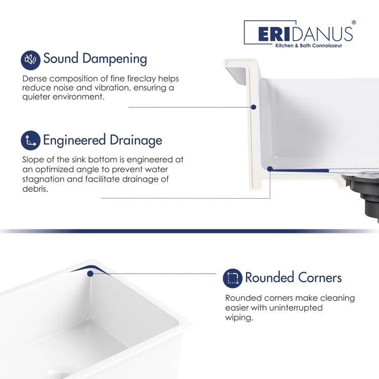 Oslo White Single Bowl Fireclay Undermount Kitchen Sink with Basket Strainer and Bottom Grid