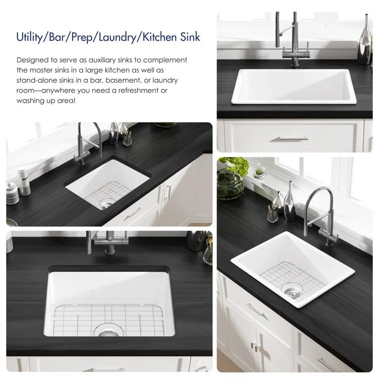 Oslo White Single Bowl Fireclay Undermount Kitchen Sink with Basket Strainer and Bottom Grid