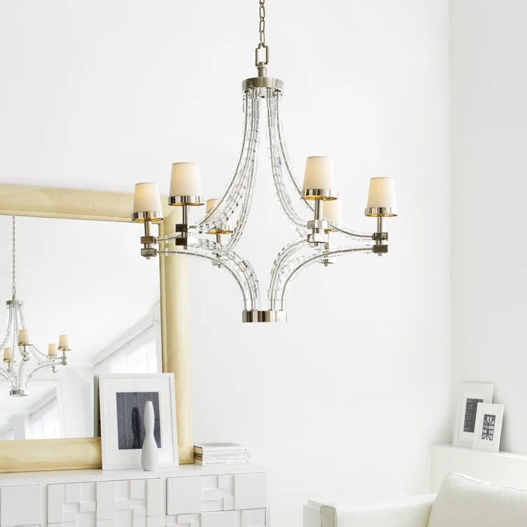 Polished Nickel Crystal 6-Light Chandelier with Candle Shades