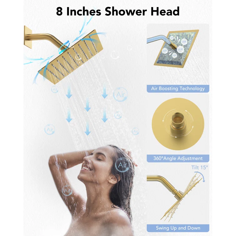 EVERSTEIN AquaSpa Shower Faucet Set with Tub Spout, 8-Inch Rain Shower Head with Valve SFS-1035-GD8