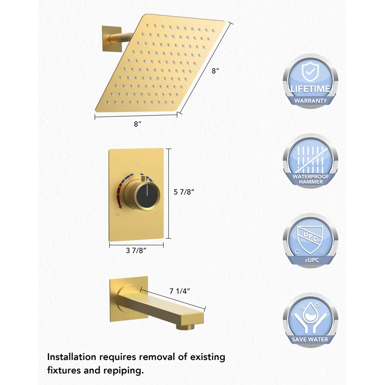 EVERSTEIN AquaSpa Shower Faucet Set with Tub Spout, 8-Inch Rain Shower Head with Valve SFS-1035-GD8