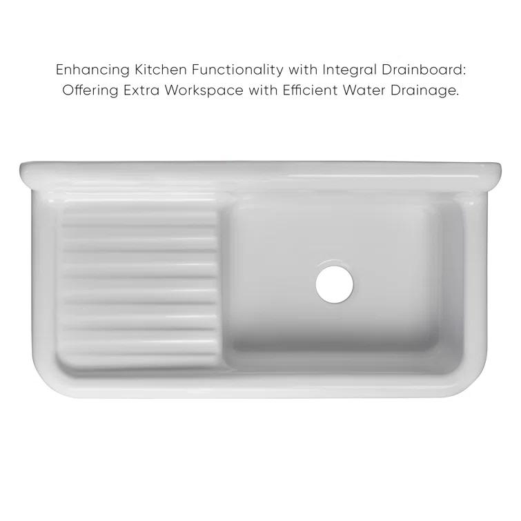Whitehaus 42" Single Bowl Fireclay Utility Above Mount Sink: Integral Drainboard, High Backsplash