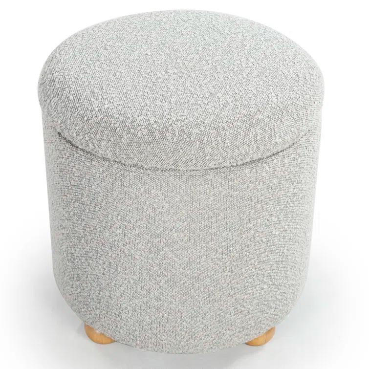 Becka Round Gray Boucle Storage Ottoman with Wood Legs