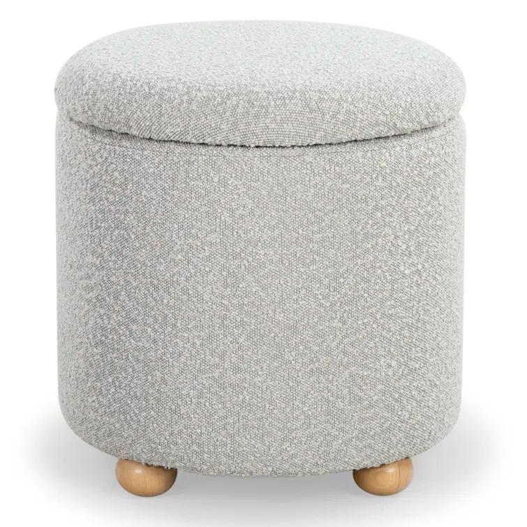 Becka Round Gray Boucle Storage Ottoman with Wood Legs