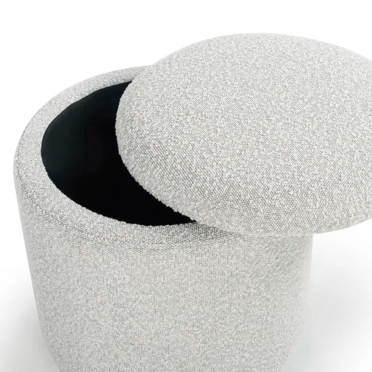 Becka Round Gray Boucle Storage Ottoman with Wood Legs