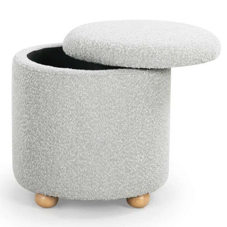 Becka Round Gray Boucle Storage Ottoman with Wood Legs