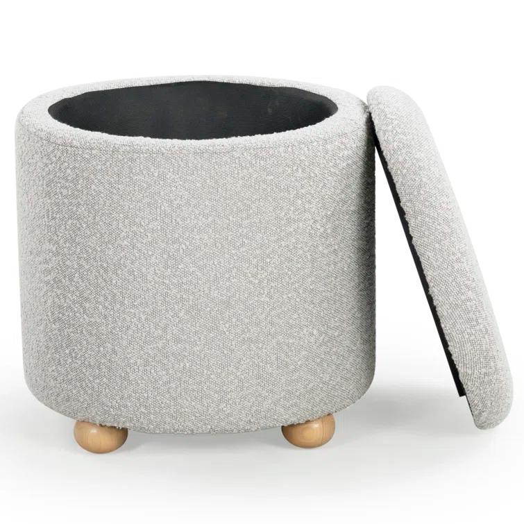 Becka Round Gray Boucle Storage Ottoman with Wood Legs