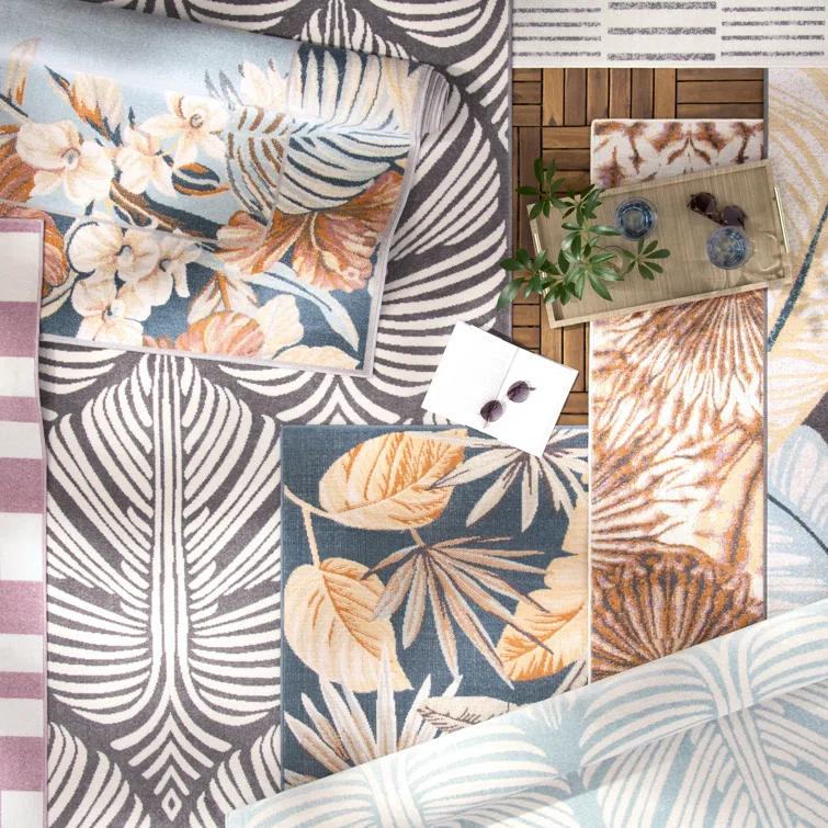 TOMMY BAHAMA Lanai Palm Leaves Indoor Outdoor Area Rug Blue/Ivory