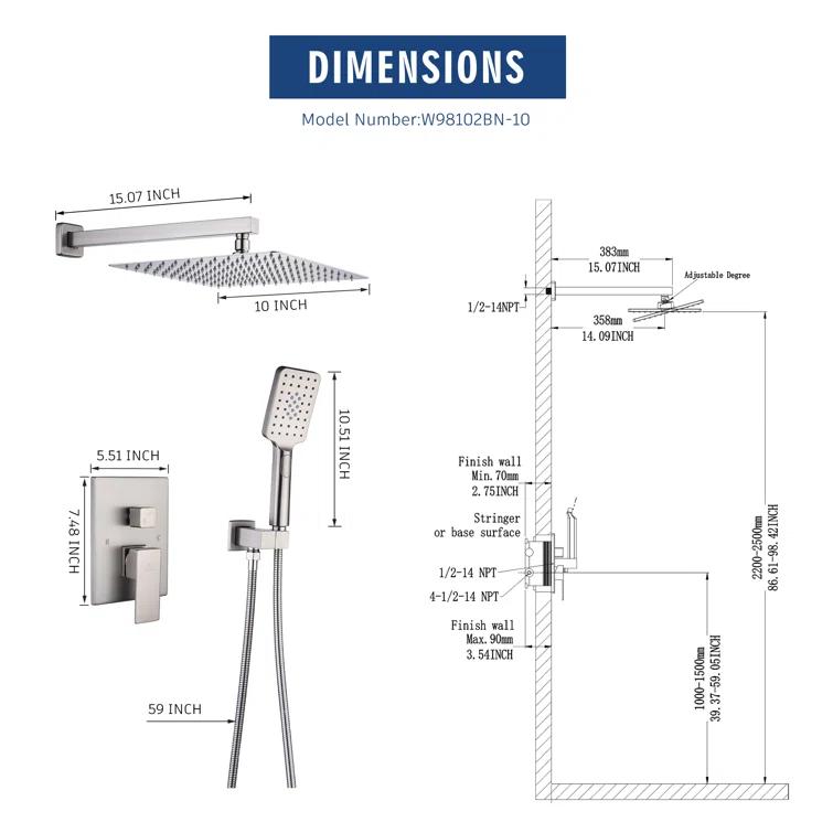 10 inch Wall Mounted Pressure Balanced Complete Shower System With 3 Setting Shower Handheld