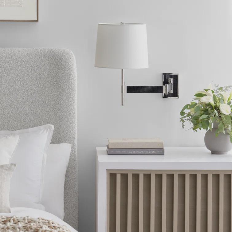Elle Polished Nickel & Black Rattan 17'' Swing Arm Sconce with Linen Shade