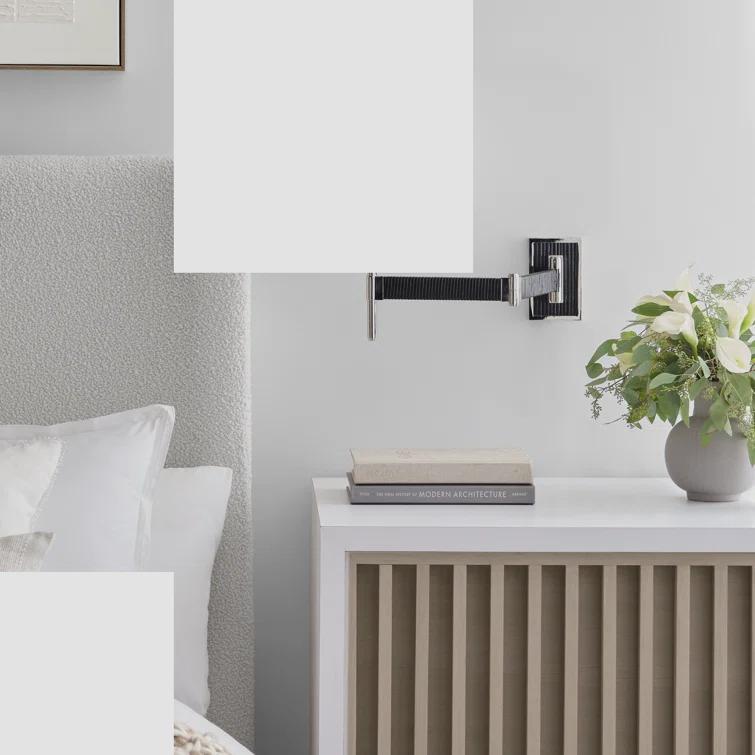 Elle Polished Nickel & Black Rattan 17'' Swing Arm Sconce with Linen Shade
