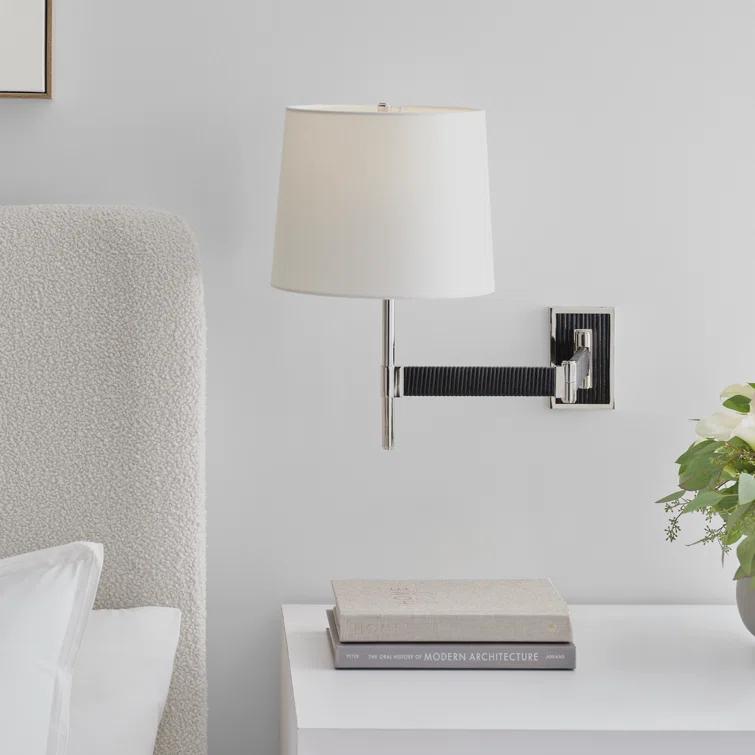 Elle Polished Nickel & Black Rattan 17'' Swing Arm Sconce with Linen Shade