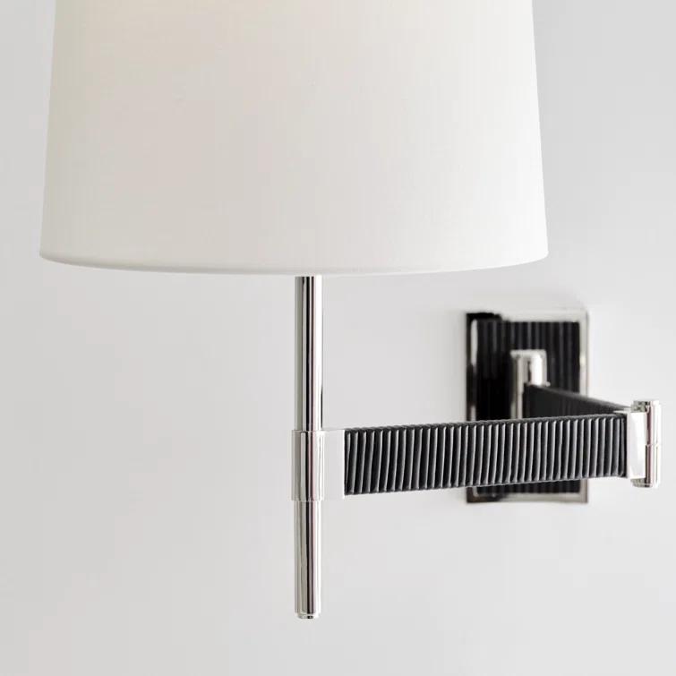 Elle Polished Nickel & Black Rattan 17'' Swing Arm Sconce with Linen Shade