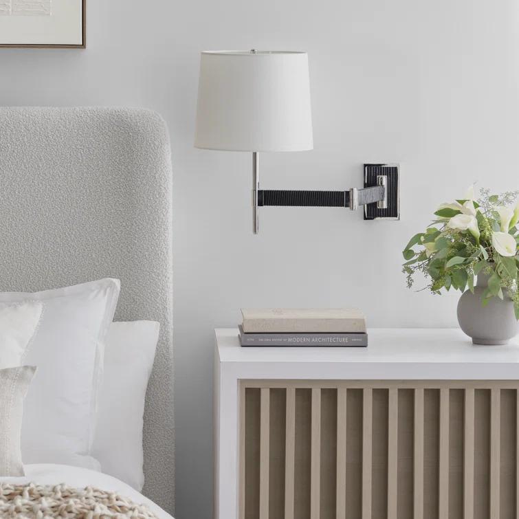 Elle Polished Nickel & Black Rattan 17'' Swing Arm Sconce with Linen Shade