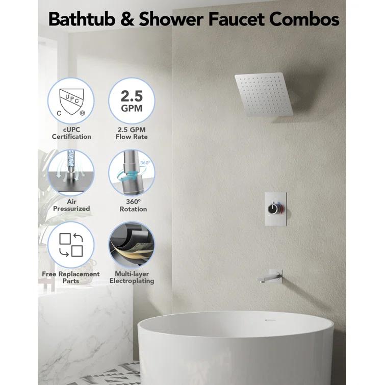 AquaSpa Shower Faucet Set with Tub Spout, 8-Inch Rain Shower Head with Valve