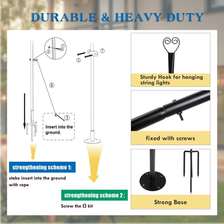 9FT Light string poles, 6 Pack Metal Poles with Remote control and solar panel, Ox Horn for Deck, Outdoor/Indoor Decor