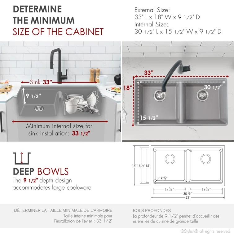 STYLISH S-833WL Stylish Pietra Dual-Mount 33" Composite Granite Double Bowl Kitchen Sink
