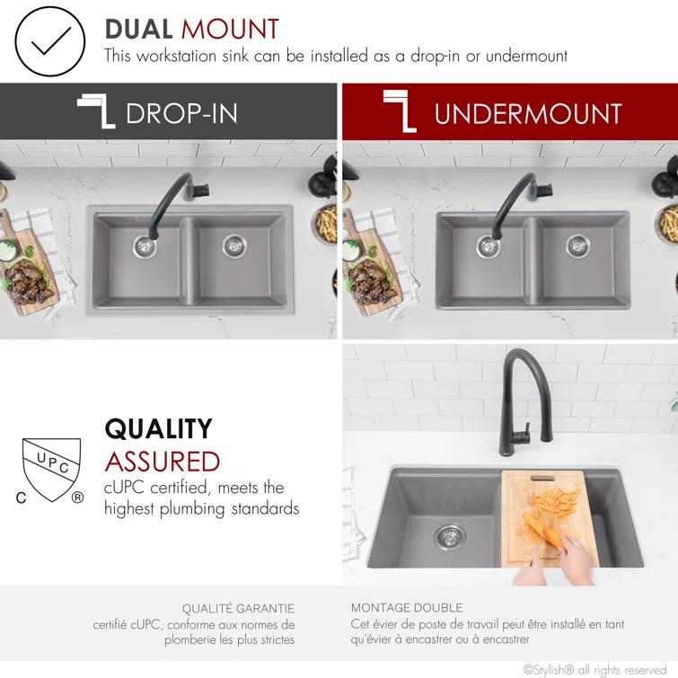 STYLISH S-833WL Stylish Pietra Dual-Mount 33" Composite Granite Double Bowl Kitchen Sink