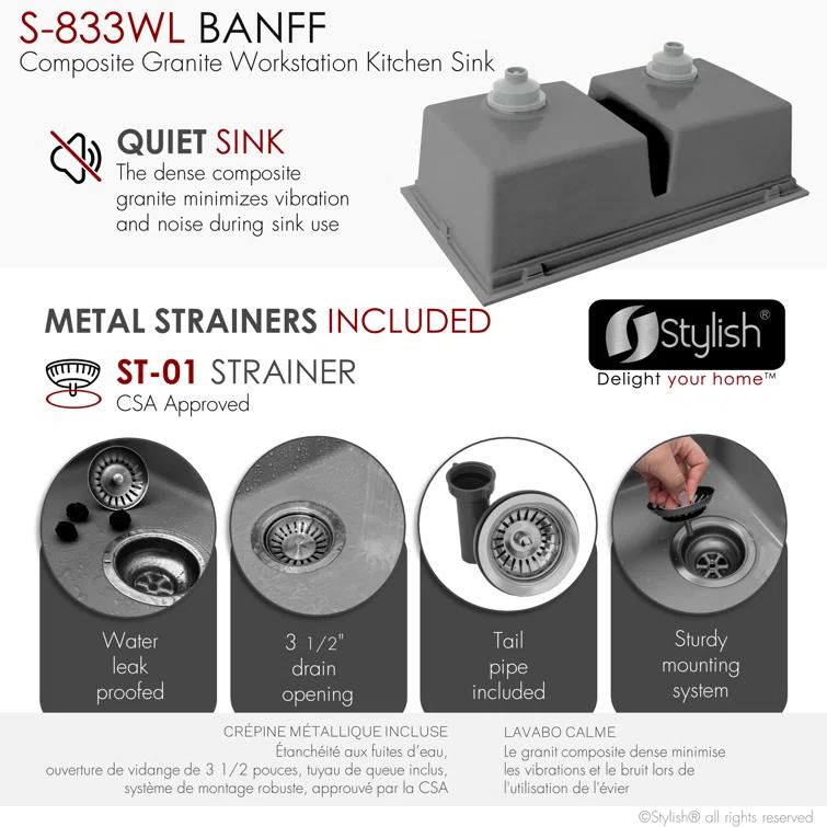 STYLISH S-833WL Stylish Pietra Dual-Mount 33" Composite Granite Double Bowl Kitchen Sink
