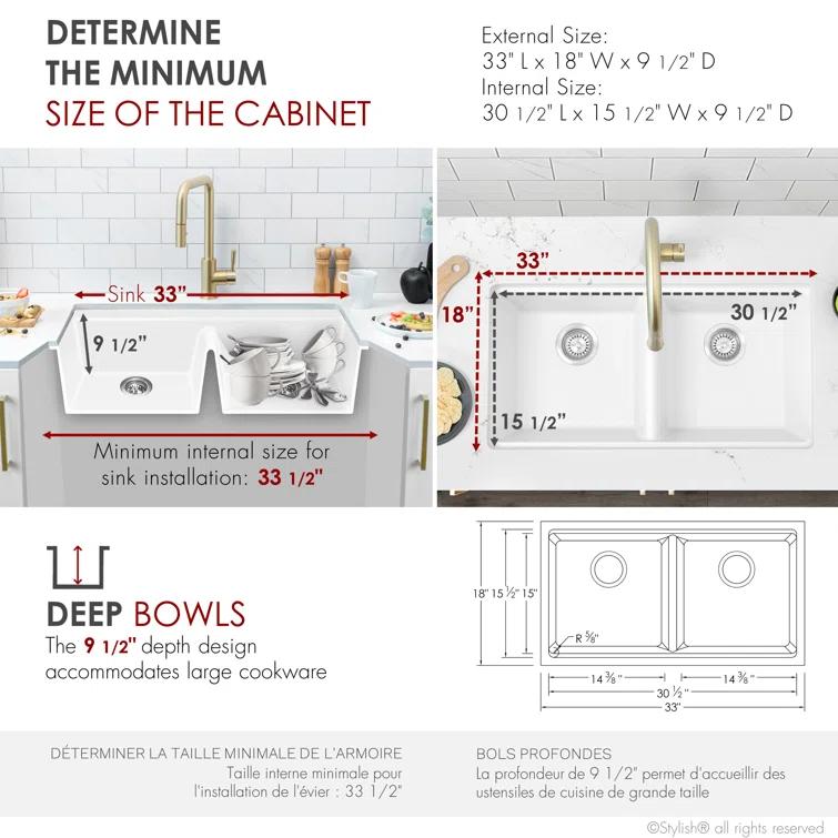 Stylish Pietra Dual-Mount 33" Composite Granite Double Bowl Kitchen Sink