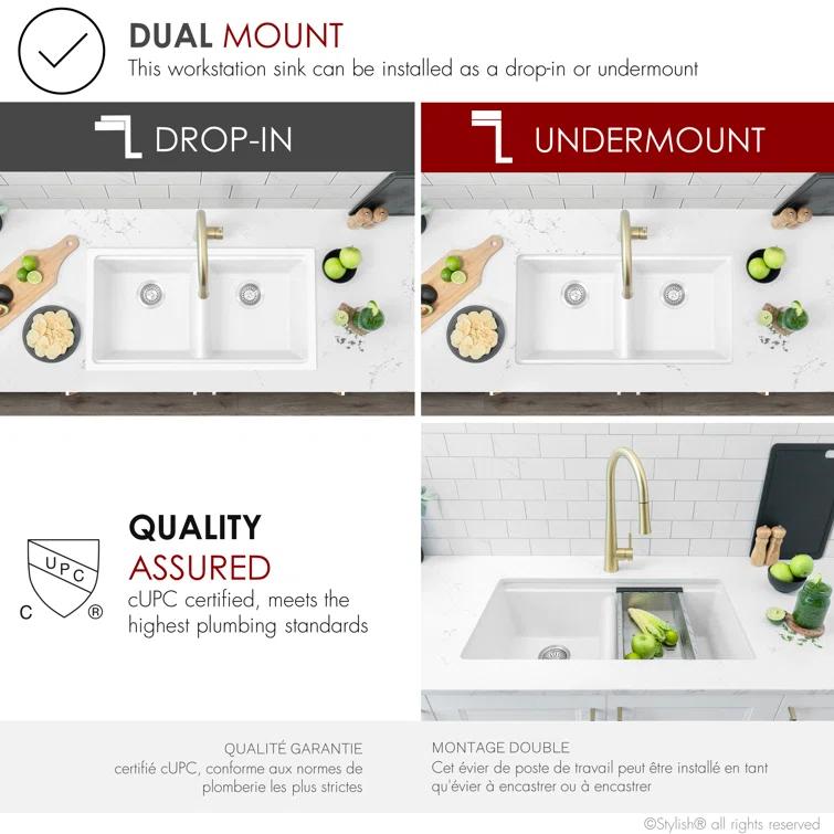 Stylish Pietra Dual-Mount 33" Composite Granite Double Bowl Kitchen Sink