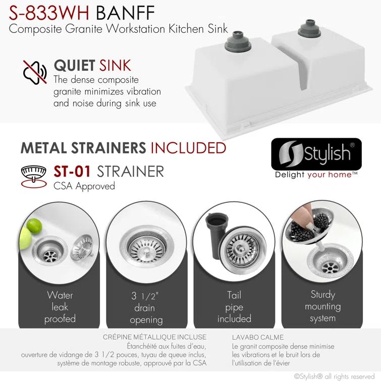 Stylish Pietra Dual-Mount 33" Composite Granite Double Bowl Kitchen Sink