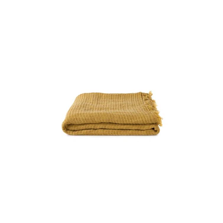 Mustard Knitted Linen Throw Blanket with Twisted Fringe