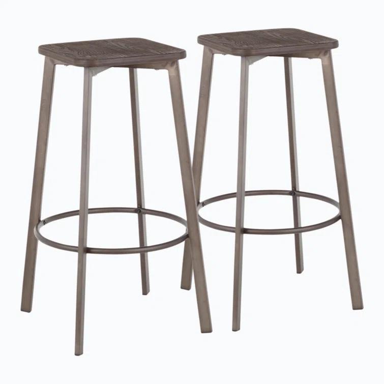 17 Stories Square Barstool In Vintage Metal And Espresso Wood-Pressed Grain Bamboo By Lumisource - Set Of 2