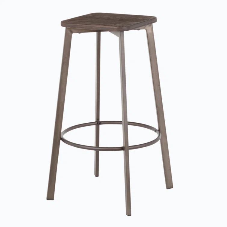 17 Stories Square Barstool In Vintage Metal And Espresso Wood-Pressed Grain Bamboo By Lumisource - Set Of 2