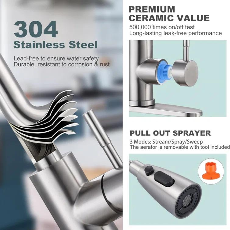 ARCORA ARCORA Stainless Steel Pull-Down Kitchen Faucet and Water Filter Faucet Combo AR7100301-L