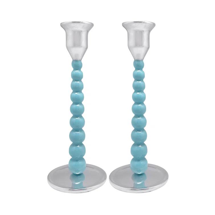 Aqua and Silver Recycled Aluminum Hurricane Candlestick Set