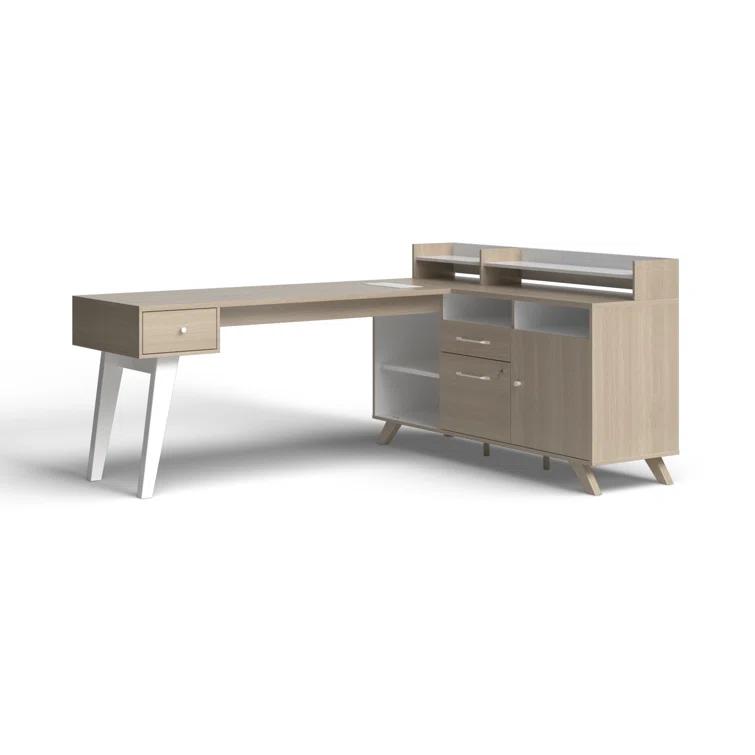 Kauan Helsy L-Shaped Desk with Power Bar and Removable Hutch Natural Walnut