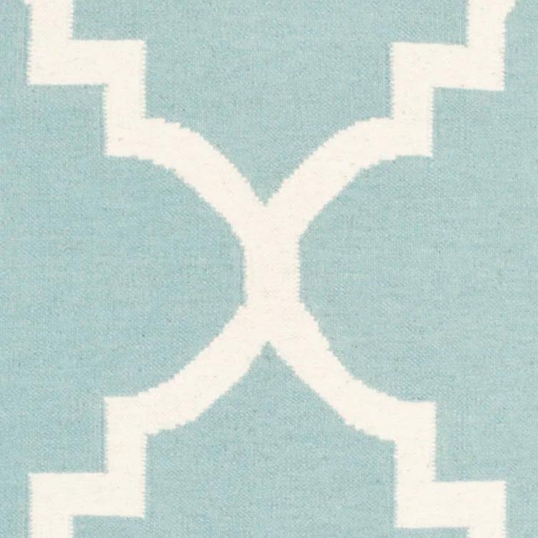 Rodgers Hand Woven Flat Weave Wool/Cotton Geometric Rug in Blue/Ivory