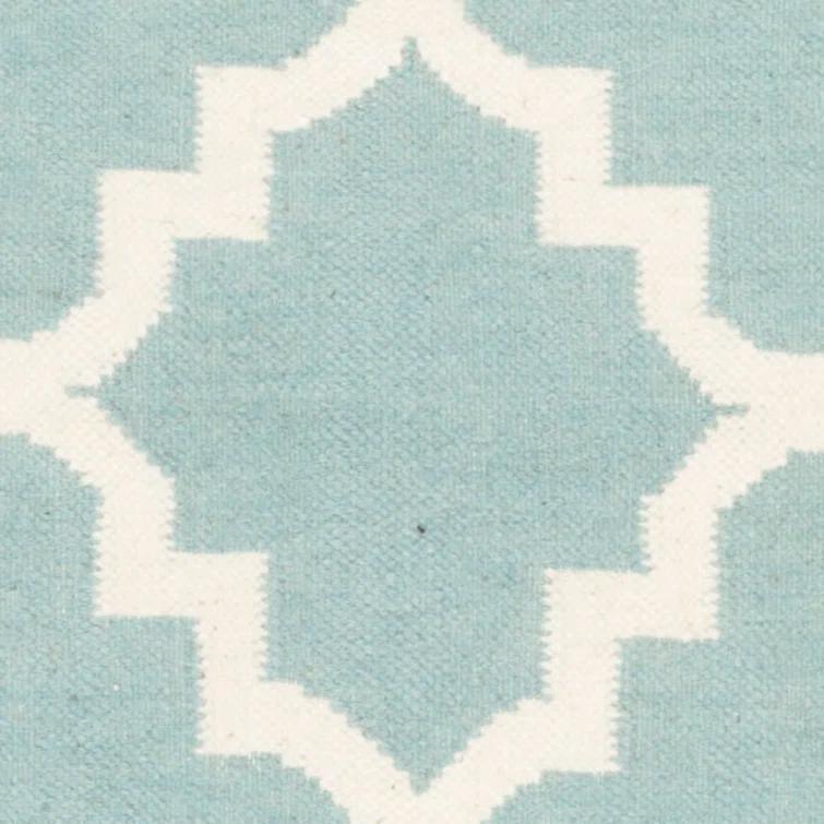 Rodgers Hand Woven Flat Weave Wool/Cotton Geometric Rug in Blue/Ivory