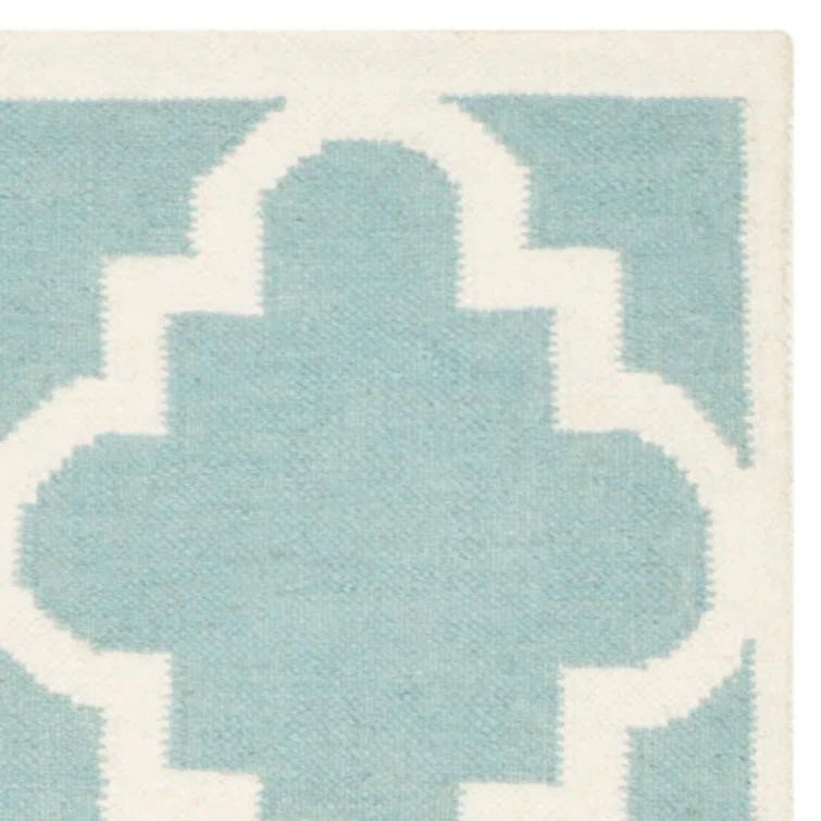 Rodgers Hand Woven Flat Weave Wool/Cotton Geometric Rug in Blue/Ivory