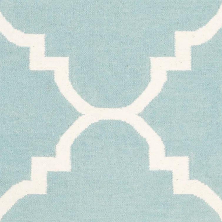 Rodgers Hand Woven Flat Weave Wool/Cotton Geometric Rug in Blue/Ivory