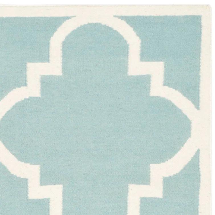 Rodgers Hand Woven Flat Weave Wool/Cotton Geometric Rug in Blue/Ivory