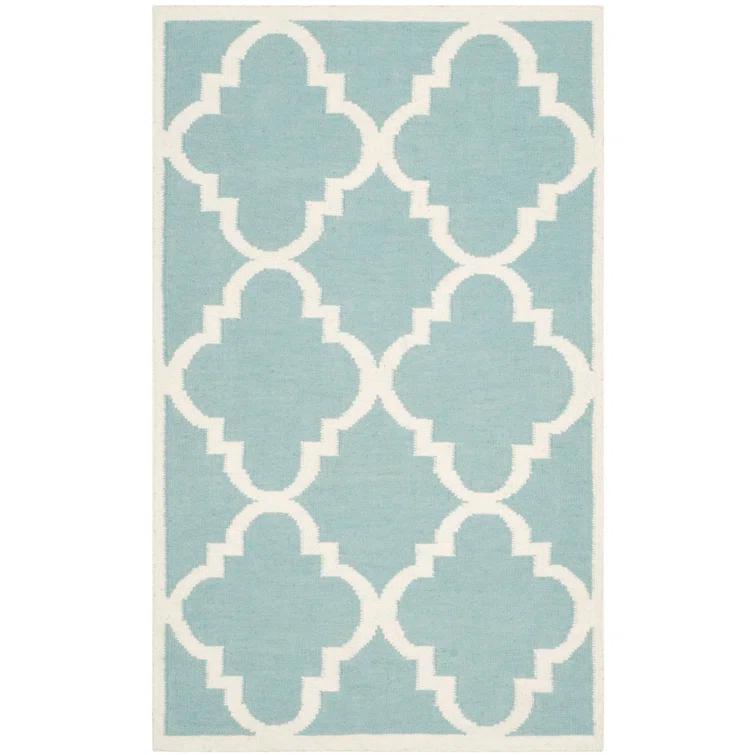 Rodgers Hand Woven Flat Weave Wool/Cotton Geometric Rug in Blue/Ivory