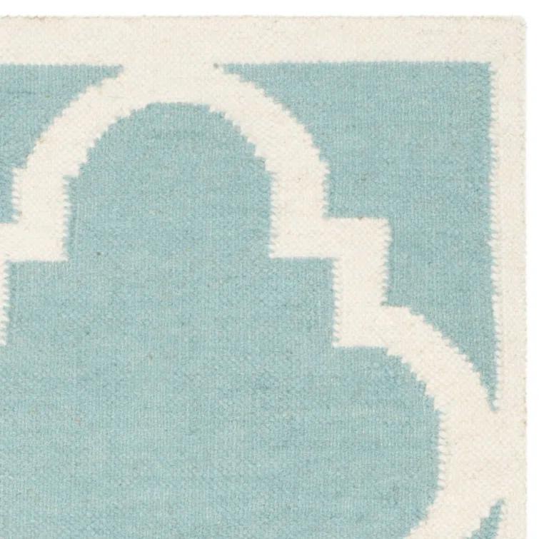 Rodgers Hand Woven Flat Weave Wool/Cotton Geometric Rug in Blue/Ivory