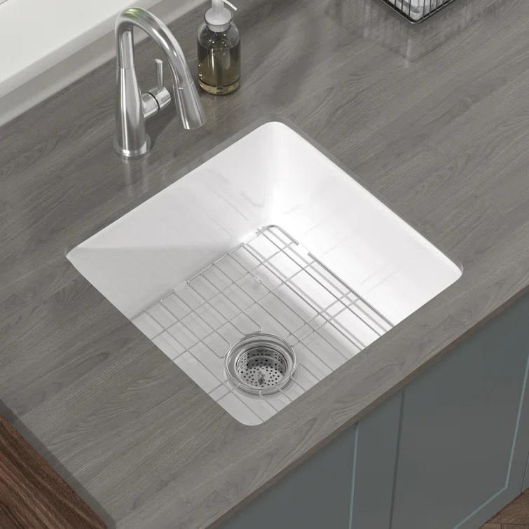 18" L x 18" W Single Bowl Fireclay Kitchen Sinks White with Bottom Grids and Basket Strainer