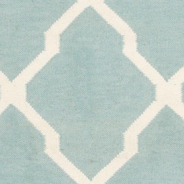Dhurrie Hand Woven Flat Weave Wool/Cotton Geometric Rug in Light Blue/Ivory