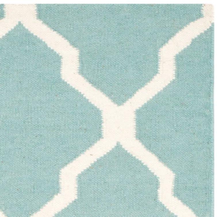 Dhurrie Hand Woven Flat Weave Wool/Cotton Geometric Rug in Light Blue/Ivory