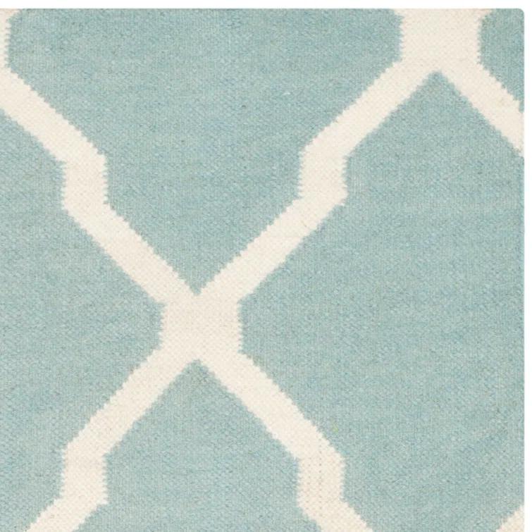 Dhurrie Hand Woven Flat Weave Wool/Cotton Geometric Rug in Light Blue/Ivory
