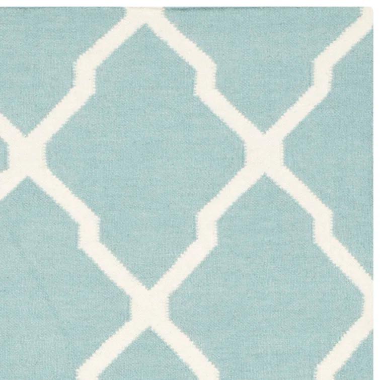 Dhurrie Hand Woven Flat Weave Wool/Cotton Geometric Rug in Light Blue/Ivory