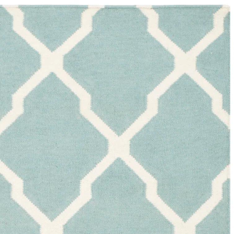 Dhurrie Hand Woven Flat Weave Wool/Cotton Geometric Rug in Light Blue/Ivory